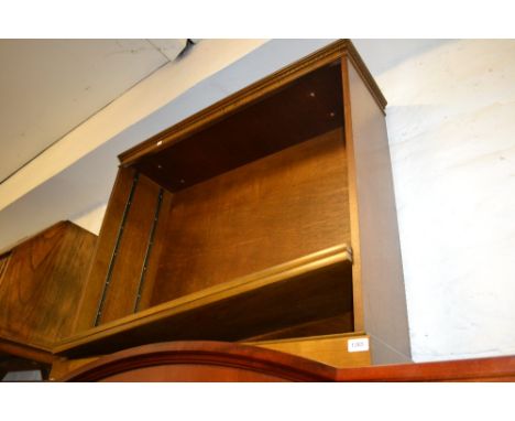 Reproduction oak open bookcase together with a reproduction mahogany half round single drawer side table