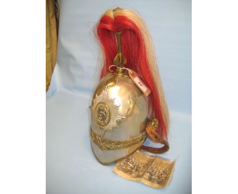 19th Century Fifth Dragoons helmet with red and white horse hair plume (some damages)