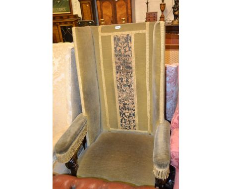 Late 19th or early 20th Century upholstered armchair in 17th Century style, the pale green velvet covered wing arms, back and