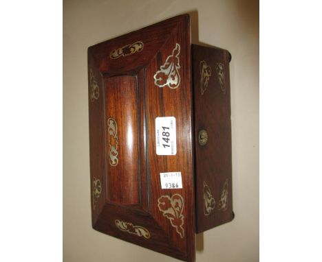 Victorian rosewood and mother of pearl inlaid sarcophagus shaped tea caddy