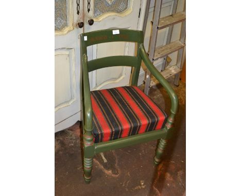 Lloyd Loom type green painted tub chair and a Regency style green painted open armchair
