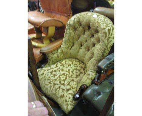 19th Century button upholstered drawing room armchair on carved cabriole front supports