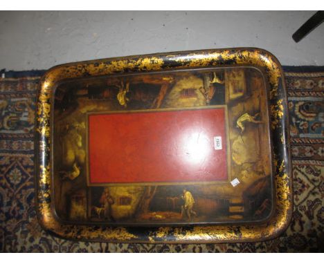 19th Century rectangular tole ware tray, the borders decorated with rustic figures surrounding a red marble effect centre pan