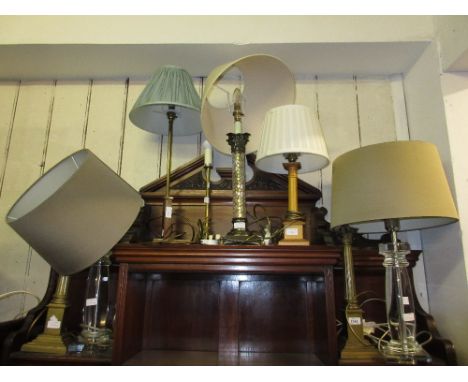 Group of nine various brass and perspex table lamps, including a pair of Corinthian column brass table lamp bases