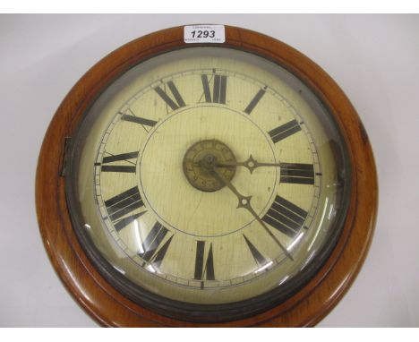 19th Century circular mahogany postman's alarm clock with a painted wooden dial and Roman numerals