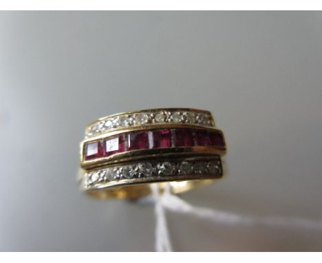 18ct Gold ruby and diamond set triple band design ring