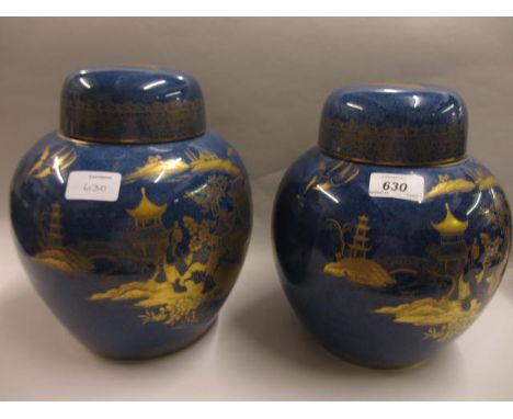 Large Carltonware (W & R mark) ginger jar and cover decorated with chinoiserie scenes in gilt on a mottled blue ground, toget
