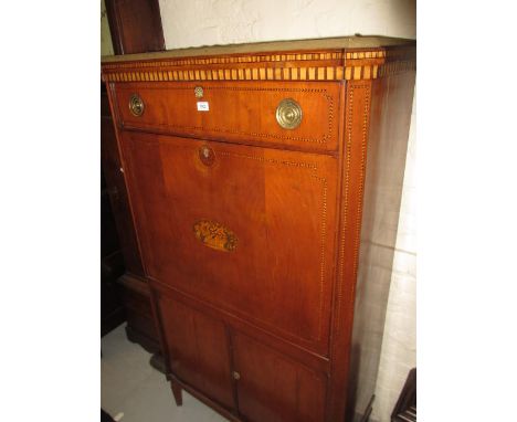 19th Century continental inlaid and chequer banded escritoire with a single drawer, above a fall front enclosing a fitted int