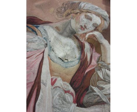 Antique Aubusson style tapestry fragment, portrait of a lady