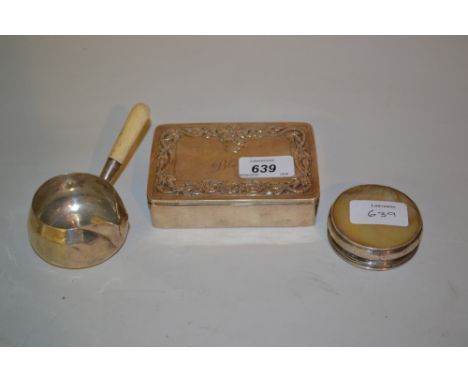 Circular silver mother of pearl topped trinket box, rectangular embossed box with hinged cover and a London silver ivory hand