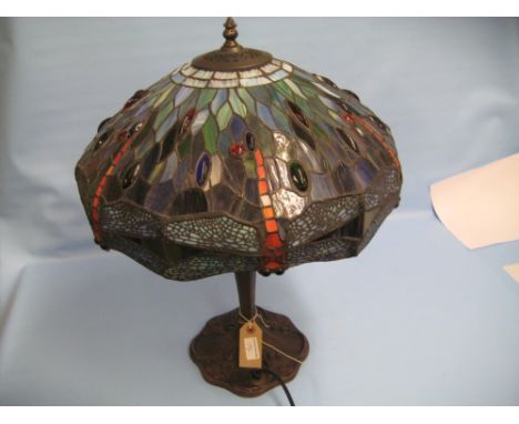 Reproduction Tiffany style table lamp together with an Aubusson style machine woven tapestry seat cover