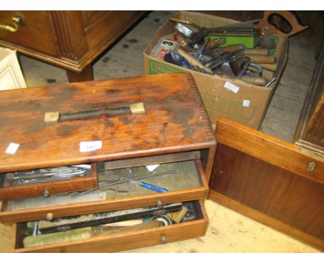 Mahogany cased set of engineers tools, together with a quantity of woodworking tools