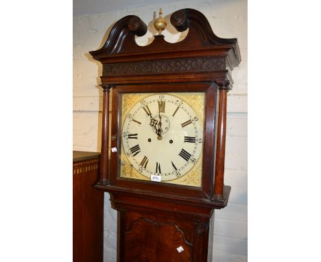 Early 19th Century mahogany longcase clock, the square hood with swan neck pediment and blind fretwork decoration above a sha