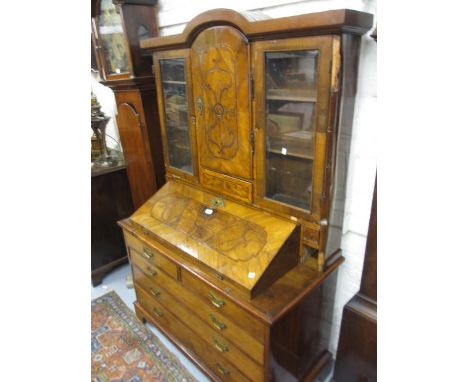 18th Century Dutch walnut and marquetry inlaid bureau cabinet, the superstructure of marquetry inlaid and glazed panel doors 
