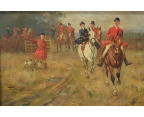 Frederic Whiting, oil on canvas, hunting scene with figures on horseback and figure with dogs, signed, 15.5ins x 23.5ins, in 