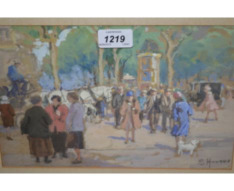 S. Hunter, mixed media, a busy street scene with figures, horse and cart, signed, 7ins x 11ins