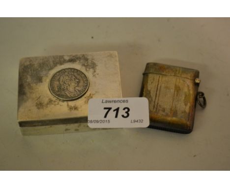 Small rectangular white metal box inset with a Georgian coin, 1720, containing a small quantity of various coins and a Birmin
