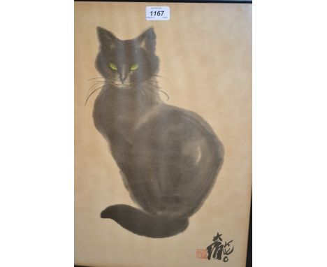 Two framed Chinese prints, portrait of a cat, signed and with seal mark, and portrait of a horse, with seal mark