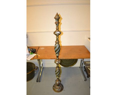 Benares brass baluster form standard lamp with engraved and polychrome enamel decoration