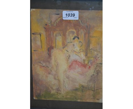 Harold Hope Read, mixed media on paper, interior scene with female nude and other figures, stamped signature, 9.5ins x 7.5ins