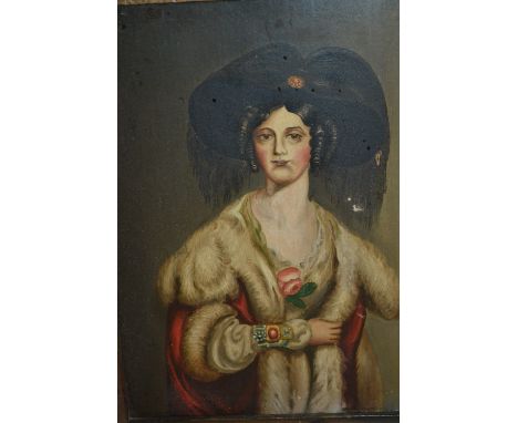 19th Century continental oil on panel, portrait of a lady wearing a black hat and fur trimmed cape, 9.5ins x 7.5ins, gilt fra