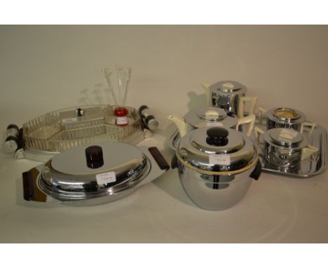 Art Deco aluminium two handled tray with sectioned glass dishes and central box with cover, a chrome coffee service on tray a