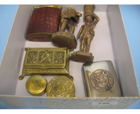 Brass three section stamp box, two brass cased stirrup cups, plated cigarette case, leather covered brass lighter and two bra