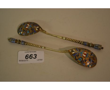 Pair of Russian silver and enamel spoons, the ovoid bowls with spiral twist handles and knopped finials decorated in relief w