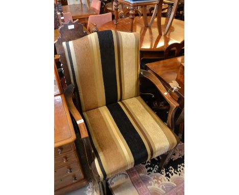 20th Century mahogany Gainsborough type open armchair with striped upholstery and reeded square chamfered supports with pierc