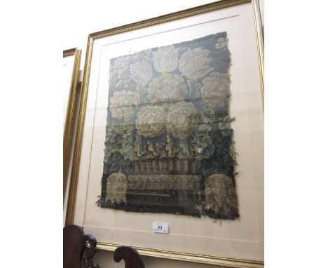 Framed fragment of antique tapestry together with two others similar