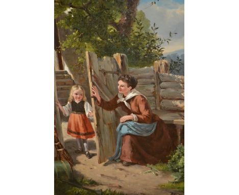 Jan Walraven, oil on panel, a mother and child outside a rural cottage