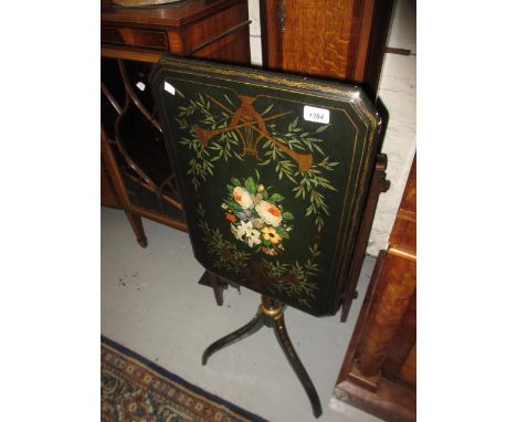 19th Century rectangular tilt top floral and harp painted pedestal table with turned column and three supports