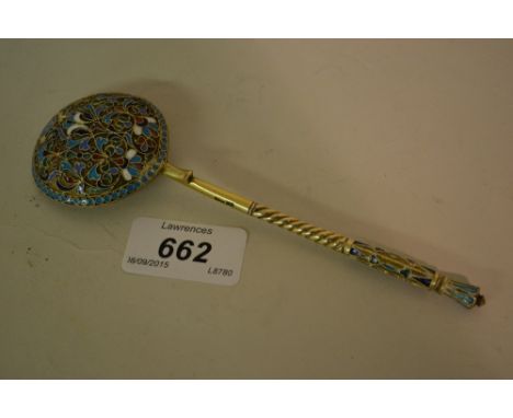 Russian silver and enamel spoon, the circular bowl with spiral twist handle and knopped finial, the bowl and finial decorated