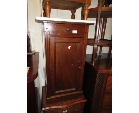 Late 19th Century mahogany pot cupboard having single drawer above a single panel door on plinth base, having later marble to