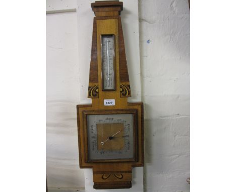 Good quality Art Deco walnut mahogany and inlaid aneroid barometer / thermometer