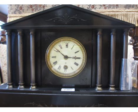 19th Century black slate mantel clock having circular enamel dial with Roman numerals including pendulum and key