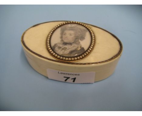 George III oval ivory snuff box, the hinged lid applied with a monochrome portrait miniature of a lady within a split pearl s