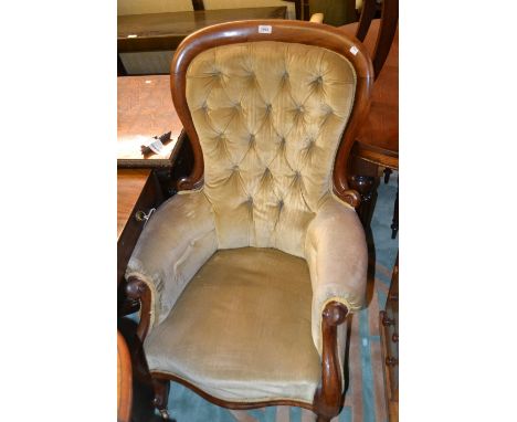 Victorian mahogany and button upholstered drawing room armchair