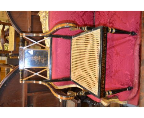 Black lacquer and parcel gilt open armchair in George III style, the X-frame and panel back decorated with Key pattern gildin