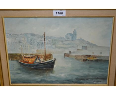 M. McShane, oil on board, harbour scene, a watercolour tree lined avenue and a quantity of various framed pictures and a copp