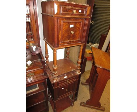 Pair of late 19th Century mahogany pot cupboards having single drawers above single panel doors and pot shelf on turned suppo