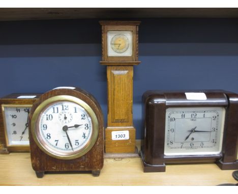 Miniature oak cased Smiths longcase clock, Bakelite electric mantel clock and two other oak cased mantel clocks