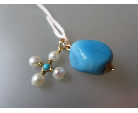 Small yellow gold turquoise and pearl set cross form pendant and a turquoise coloured stone pendant