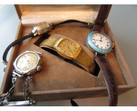 Boxed ladies gold plated Tissot wristwatch, silver and blue enamel decorated wristwatch, another silver cased wristwatch and 