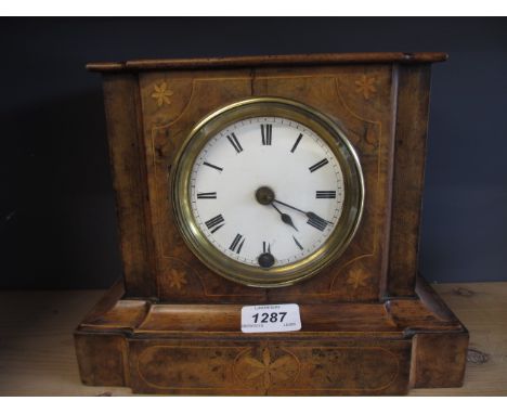 19th Century walnut and boxwood inlaid single train mantel clock