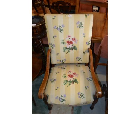 Edwardian mahogany and satinwood crossbanded open armchair with striped and floral upholstery