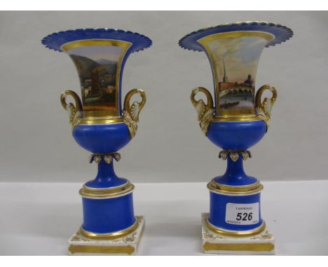 Pair of Samson / Chamberlain Worcester baluster form vases, painted with landscapes on a Royal blue and gilt ground (one rest