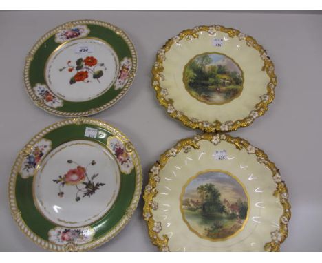 Pair of Chamberlain Worcester plates (a/f), painted with botanical specimens within green and gilt borders, together with a p