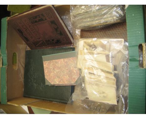 Box containing a mixed quantity of ephemera, postcard album, loose postcards and carte de vistes