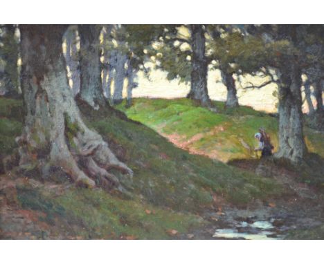 Samuel John Lamorna Birch, oil on panel, figure on a sunlit woodland path, 9.75ins x 13.75ins, signed, gilt framed